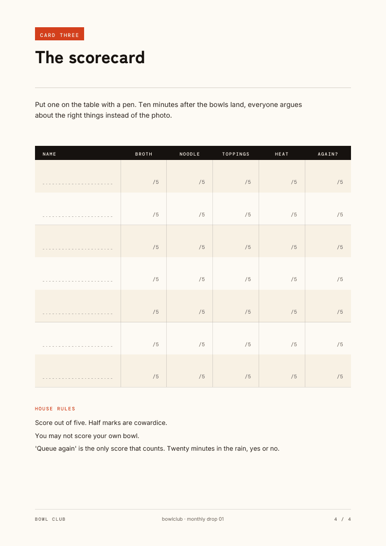 A printable scorecard table for scoring bowls at the table