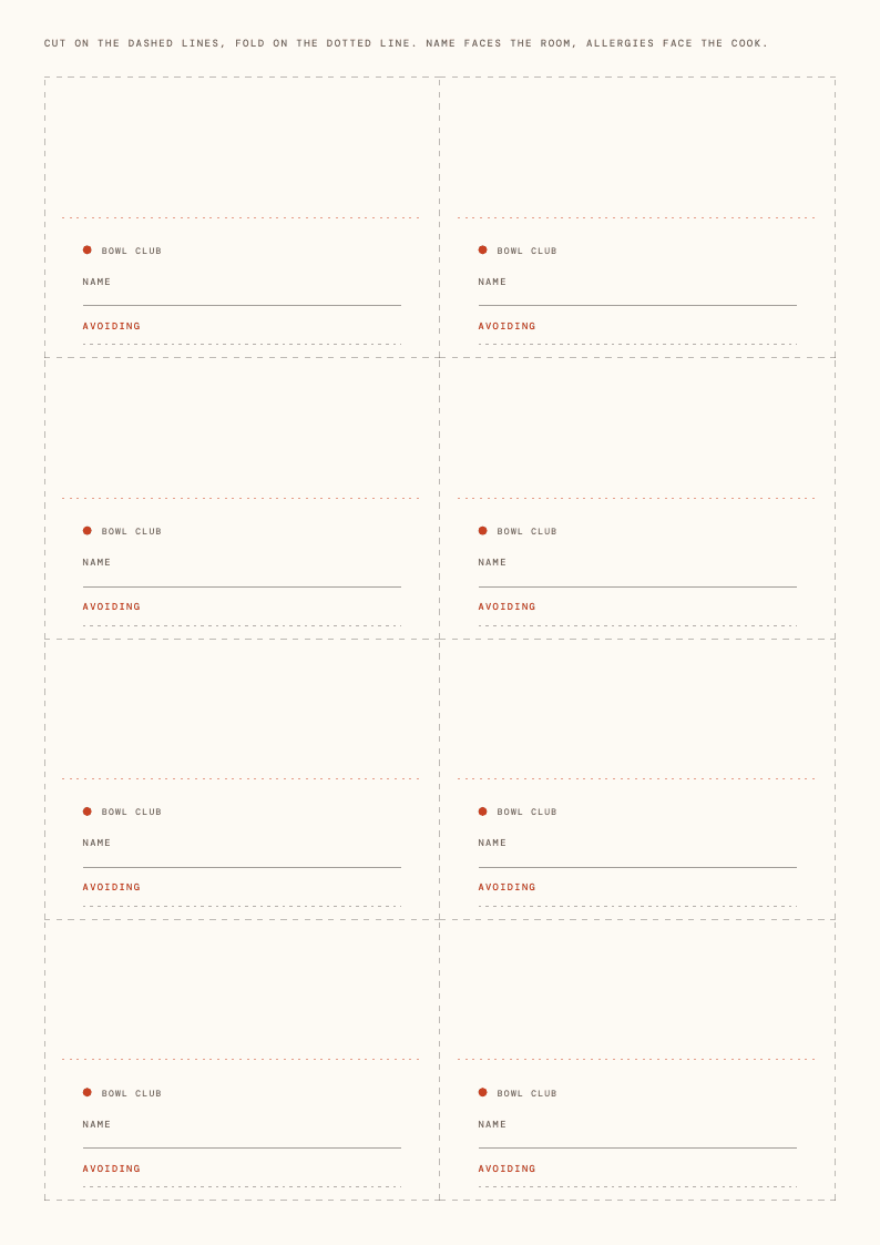 A sheet of eight fold-over place cards with cut and fold marks
